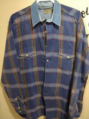 Vintage Roper Men's 1XLT Blue Plaid Woven Jacquard Western Shirt Denim Collar